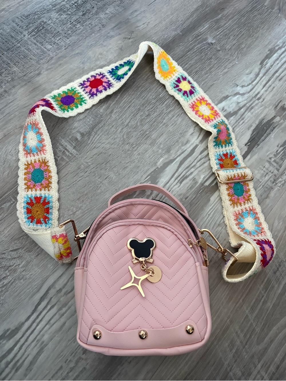 Blush Pink Mickey Quilted Backpack with Colorful Crochet Strap